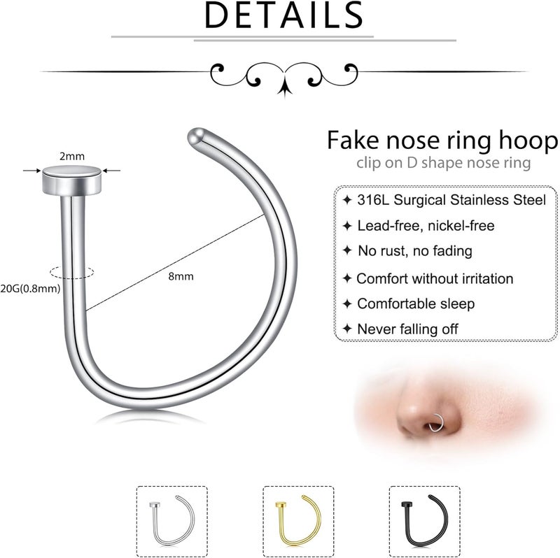 D.Bella Fake Nose Lip Ring Faux Clip on No Pierced Non Piercing Helix Cartilage Earring Ear Cuff Faux Body Piercing Jewelry for Women Men - Image 3